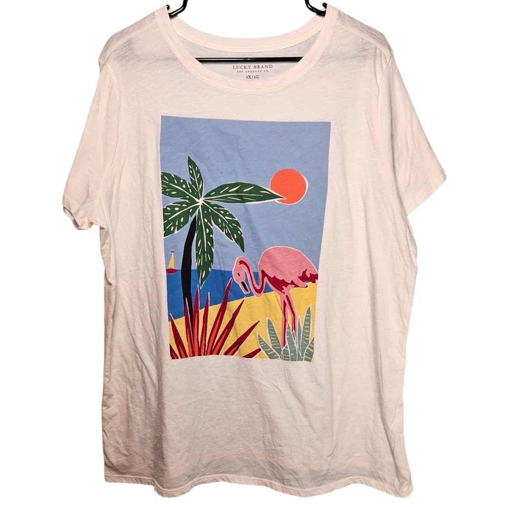 Lucky‎ Brand Womens 1X Flamingo Tropical Beach Graphic Tee White Short Sleeve
